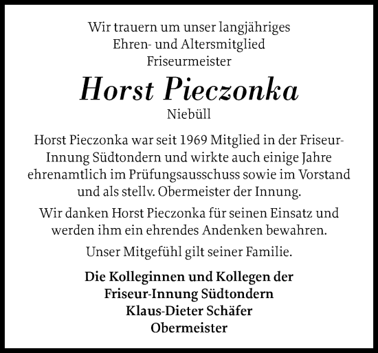 Traueranzeige von Horst Pieczonka von Husumer Nachrichten, Nordfriesland Tageblatt