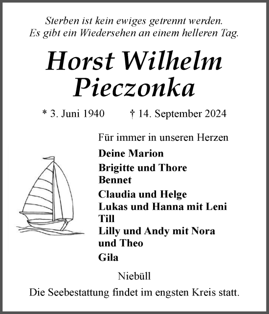 Traueranzeige von Horst Wilhelm Pieczonka von Husumer Nachrichten, Nordfriesland Tageblatt