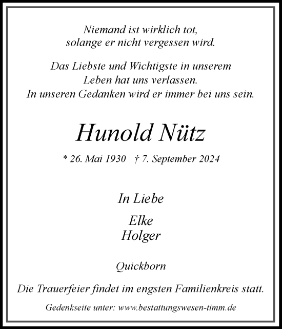 Traueranzeige von Hunold Nütz von Region Pinneberg und tip Pinneberg