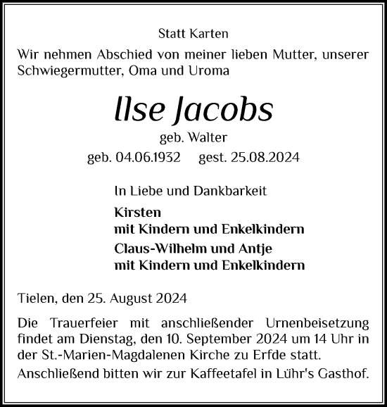 Traueranzeige von Ilse Jacobs von Schleswig-Holsteinische Landeszeitung