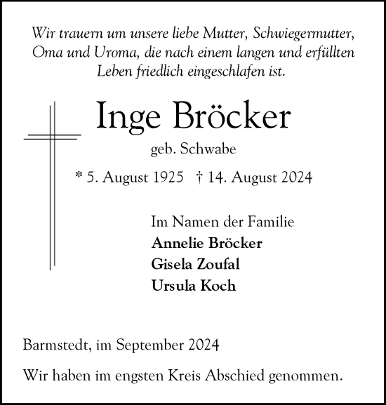 Traueranzeige von Inge Bröcker von Elmshorner Nachrichten, Barmstedter Zeitung