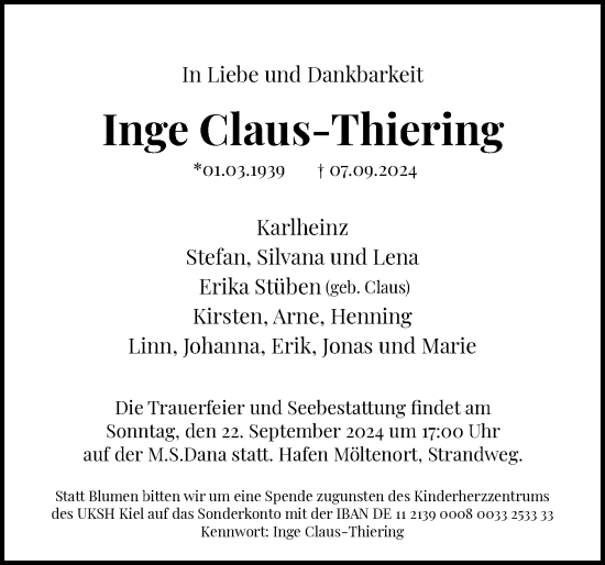 Traueranzeige von Inge Claus-Thiering von Holsteinischer Courier