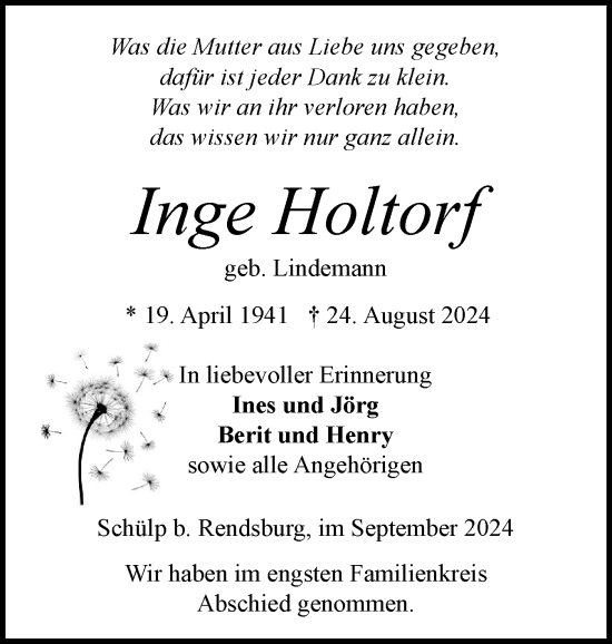 Traueranzeige von Inge Holtorf von Schleswig-Holsteinische Landeszeitung