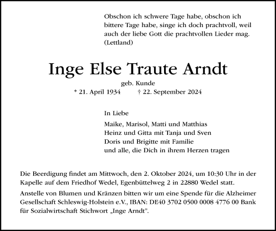 Traueranzeige von Inge Else Traute Arndt von Wedel-Schulauer Tageblatt, tip Wedel-Schulauer Tageblatt, tip Rissener Rundschau