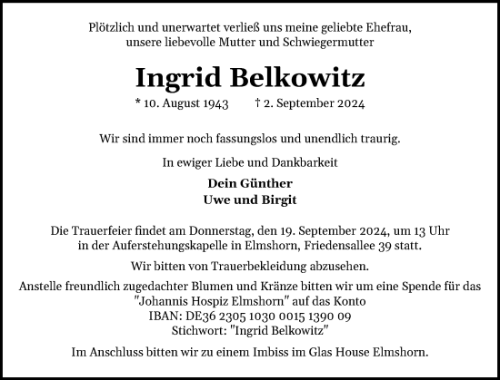 Traueranzeige von Ingrid Belkowitz von Elmshorner Nachrichten, Barmstedter Zeitung