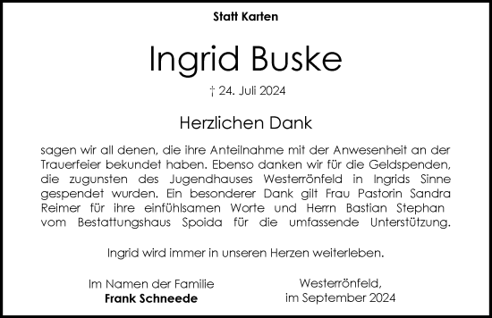 Traueranzeige von Ingrid Buske von Schleswig-Holsteinische Landeszeitung