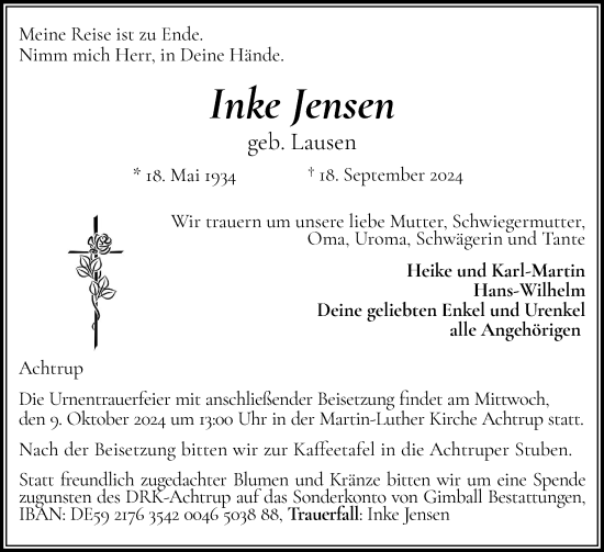 Traueranzeige von Inke Jensen von Region Flensburg