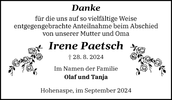 Traueranzeige von Irene Paetsch von Norddeutsche Rundschau, Wilstersche Zeitung, Glückstädter Fortuna