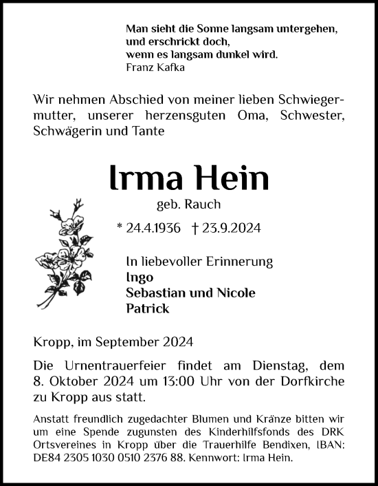 Traueranzeige von Irma Hein von Schleswig-Holsteinische Landeszeitung