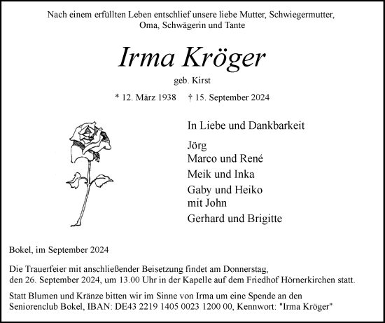 Traueranzeige von Irma Kröger von Elmshorner Nachrichten, Barmstedter Zeitung