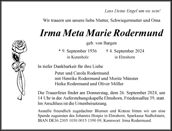 Traueranzeige von Irma Meta Marie Rodermund von Elmshorner Nachrichten, Barmstedter Zeitung