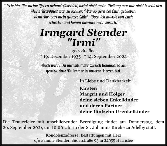 Traueranzeige von Irmgard Stender von Flensburger Tageblatt