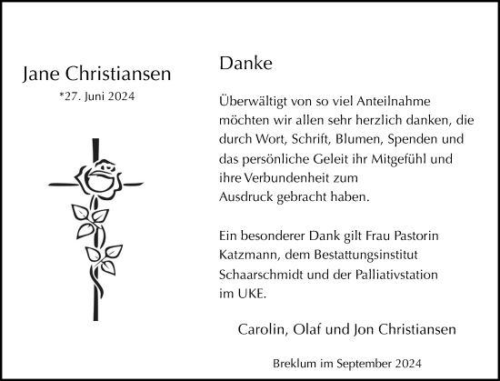 Traueranzeige von Jane Christiansen von Husumer Nachrichten, Nordfriesland Tageblatt