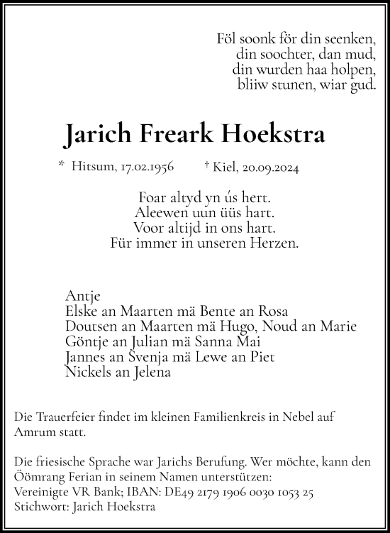 Traueranzeige von Jarich Freark Hoekstra von Region Westküste