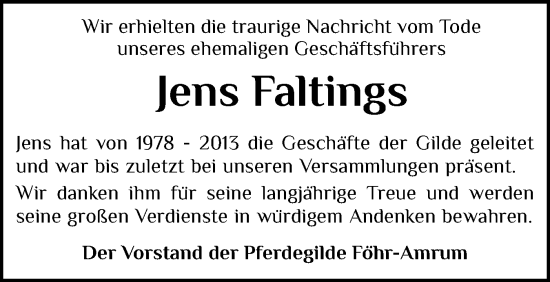 Traueranzeige von Jens Faltings von Der Insel-Bote