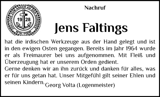 Traueranzeige von Jens Faltings von Der Insel-Bote