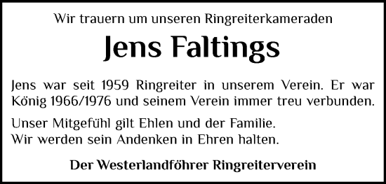 Traueranzeige von Jens Faltings von Der Insel-Bote