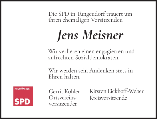 Traueranzeige von Jens Meisner von Holsteinischer Courier