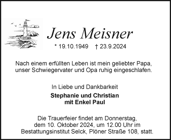 Traueranzeige von Jens Meisner von Holsteinischer Courier