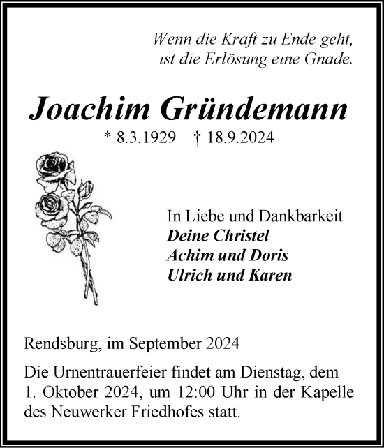 Traueranzeige von Joachim Gründemann von Schleswig-Holsteinische Landeszeitung