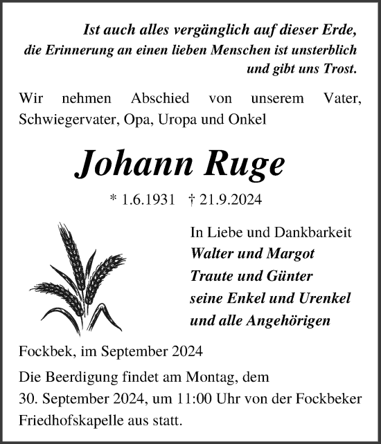 Traueranzeige von Johann Ruge von Schleswig-Holsteinische Landeszeitung