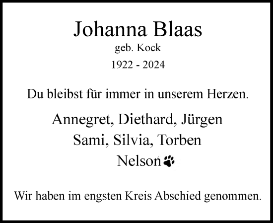 Traueranzeige von Johanna Blaas von Uetersener Nachrichten, Der tip am Wochenende