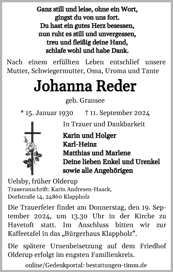 Traueranzeige von Johanna Reder von Region Flensburg