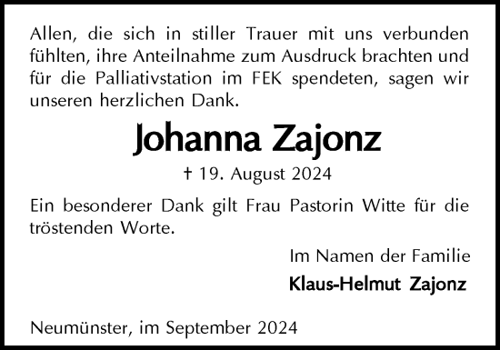 Traueranzeige von Johanna Zajonz von Holsteinischer Courier