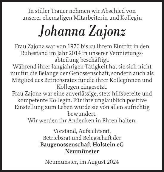 Traueranzeige von Johanna Zajonz von Holsteinischer Courier