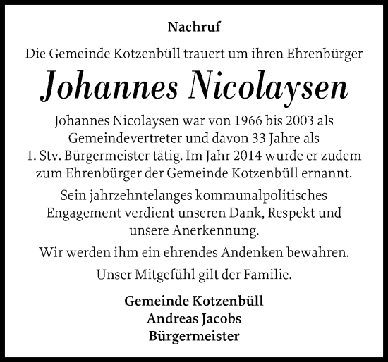 Traueranzeige von Johannes Nicolaysen von Husumer Nachrichten, Nordfriesland Tageblatt