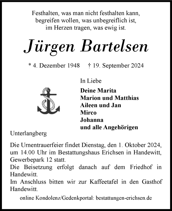 Traueranzeige von Jürgen Bartelsen von Flensburger Tageblatt