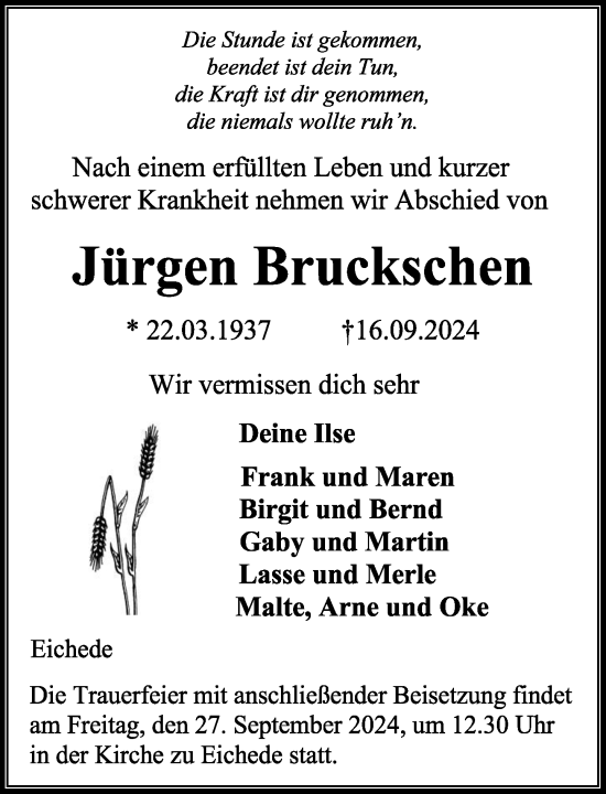 Traueranzeige von Jürgen Bruckschen von Stormaner Tageblatt