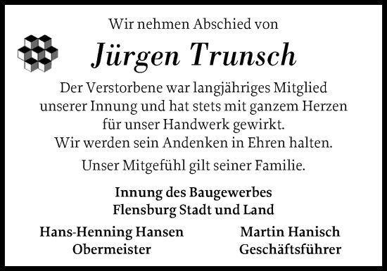 Traueranzeige von Jürgen Trunsch von Flensburger Tageblatt