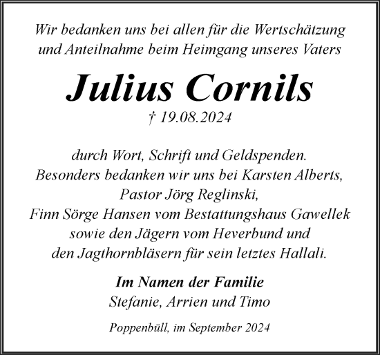 Traueranzeige von Julius Cornils von Husumer Nachrichten, Nordfriesland Tageblatt