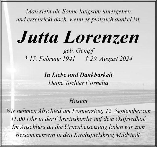 Traueranzeige von Jutta Lorenzen von Husumer Nachrichten, Nordfriesland Tageblatt