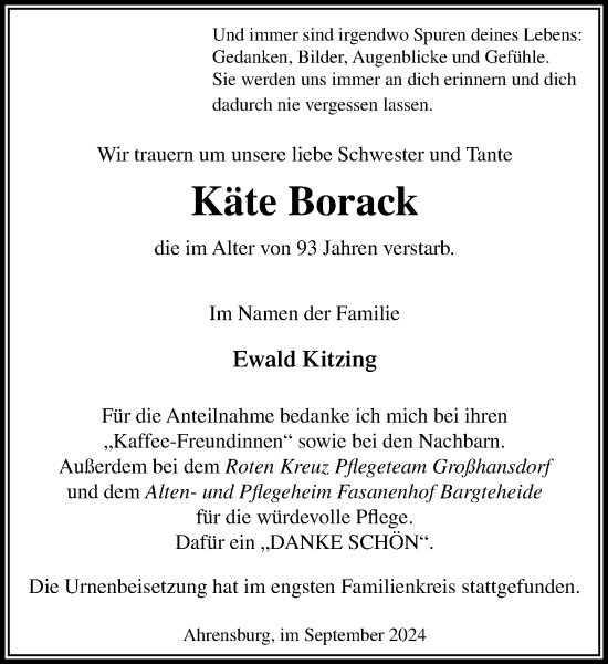 Traueranzeige von Käte Borack von Stormaner Tageblatt