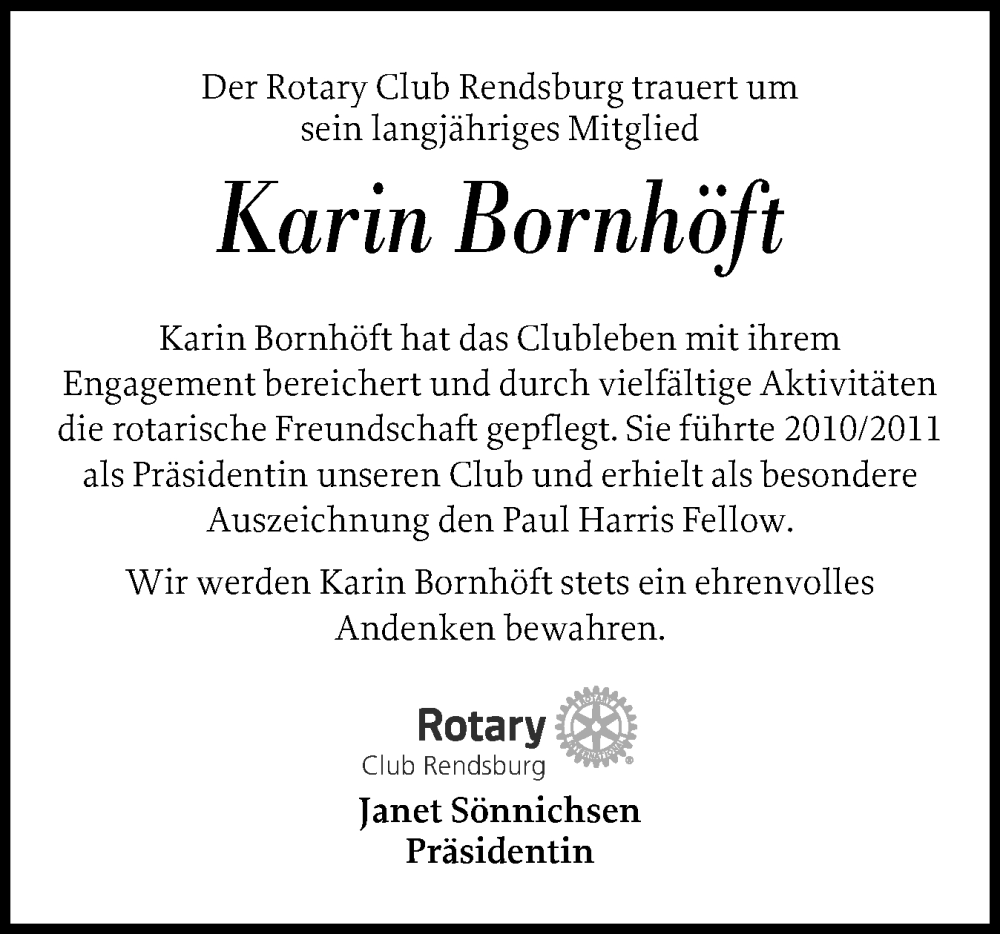  Traueranzeige für Karin Bornhöft vom 14.09.2024 aus Schleswig-Holsteinische Landeszeitung