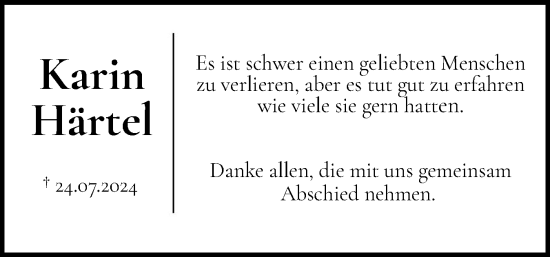 Traueranzeige von Karin Härtel von Husumer Nachrichten, Nordfriesland Tageblatt