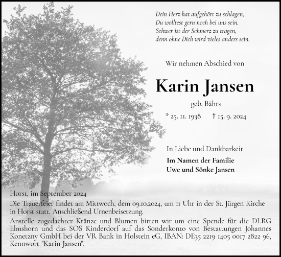 Traueranzeige von Karin Jansen von Elmshorner Nachrichten, Barmstedter Zeitung