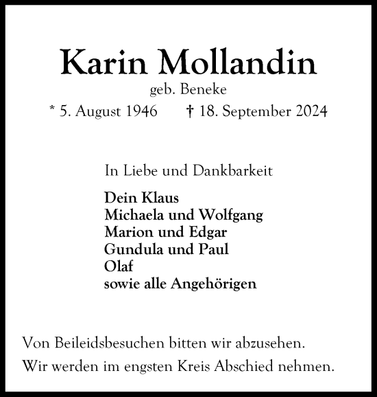 Traueranzeige von Karin Mollandin von Ostholsteiner Anzeiger