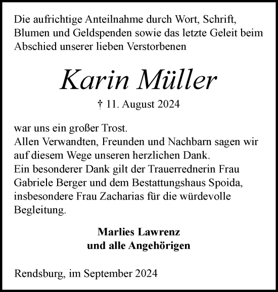 Traueranzeige von Karin Müller von Schleswig-Holsteinische Landeszeitung