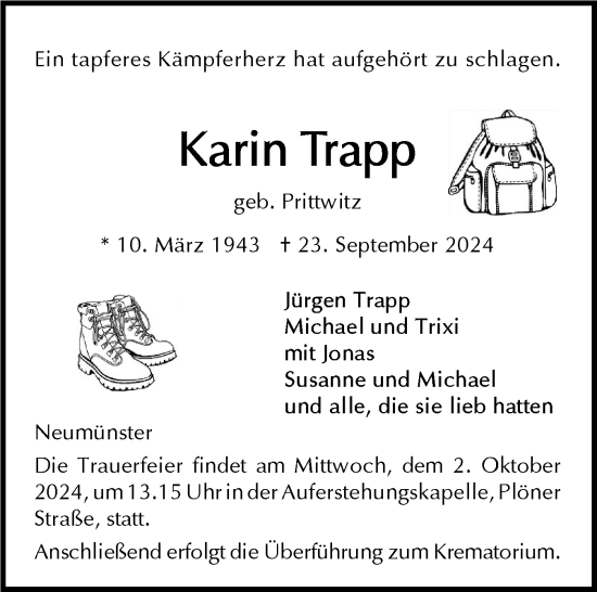 Traueranzeige von Karin Trapp von Holsteinischer Courier