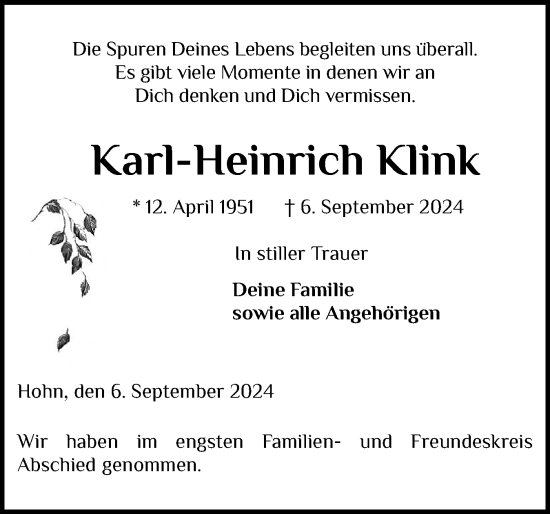 Traueranzeige von Karl-Heinrich Klink von Schleswig-Holsteinische Landeszeitung