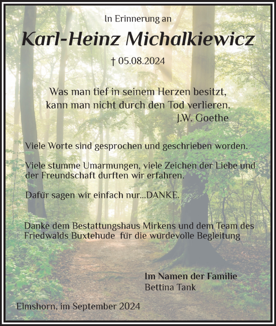 Traueranzeige von Karl-Heinz Michalkiewicz von Elmshorner Nachrichten, Barmstedter Zeitung