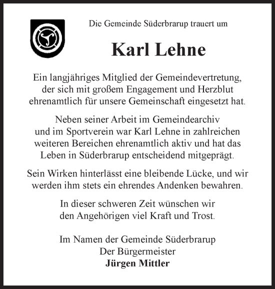 Traueranzeige von Karl Lehne von Schleswiger Nachrichten, Schlei-Bote