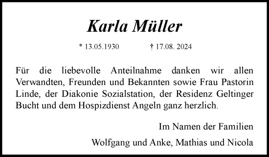 Traueranzeige von Karla Müller von Flensburger Tageblatt, Schleswiger Nachrichten, Schlei-Bote