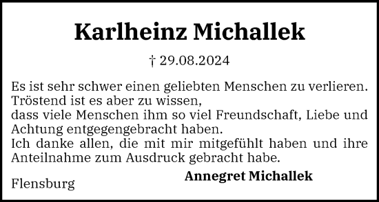 Traueranzeige von Karlheinz Michallek von Flensburger Tageblatt