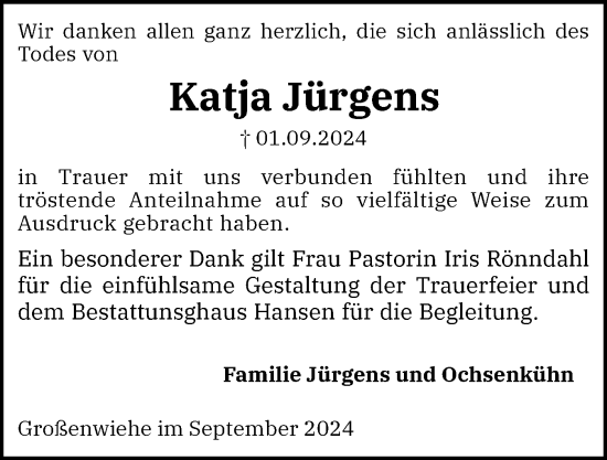 Traueranzeige von Katja Jürgens von Flensburger Tageblatt