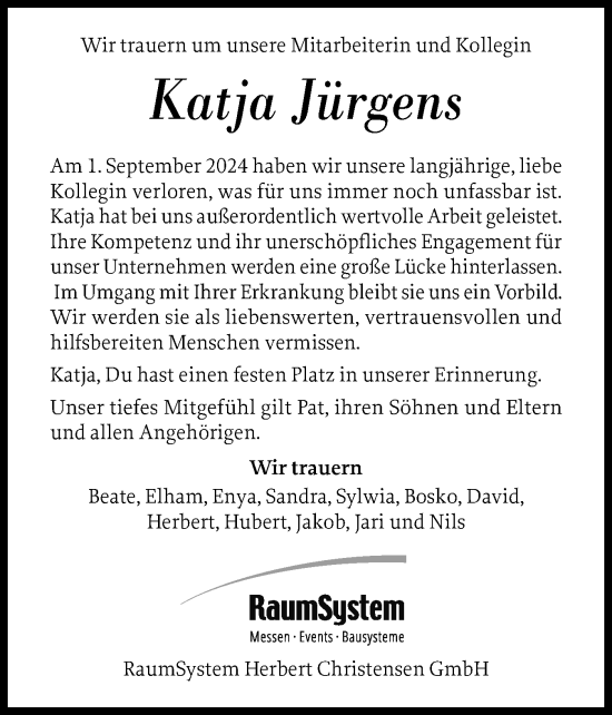 Traueranzeige von Katja Jürgens von Flensburger Tageblatt