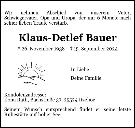 Traueranzeige von Klaus-Detlef Bauer von Norddeutsche Rundschau, Wilstersche Zeitung, Glückstädter Fortuna